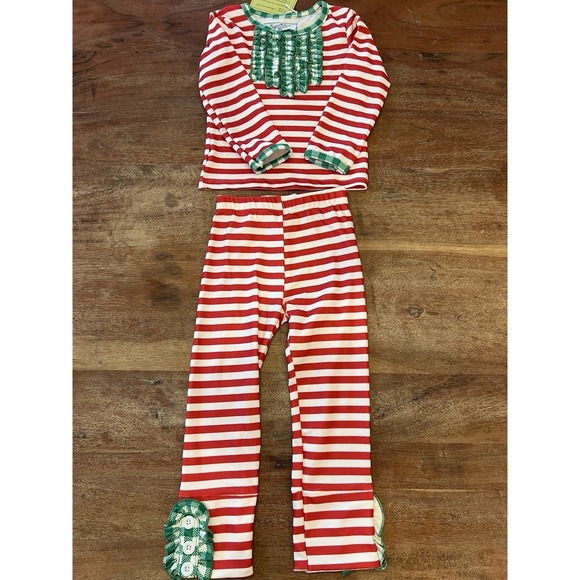 NWT Sugar Bee Ruffle Buttflap Pajamas Christmas Striped Holiday Lounge Size 18 M - Picture 1 of 7